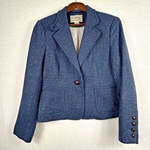 L.L.‎ Bean Women's Wool Blazer Jacket 14 Petite Blue Herringbone Embroidered Dog